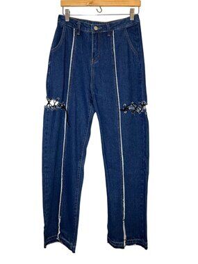 Dark Wash Lace Up Denim Jeans L Y2K Grunge Punk Emo Skater Western Festival 90s